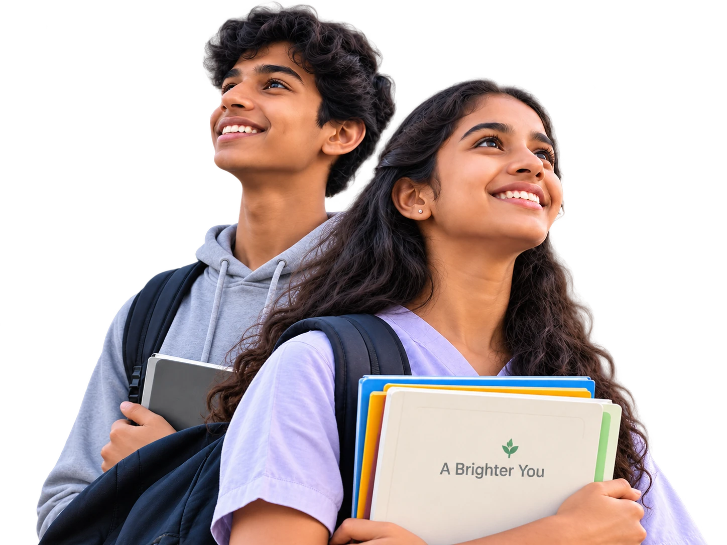 Two smiling students, a boy in a gray hoodie and a girl in a lavender top, holding their books
